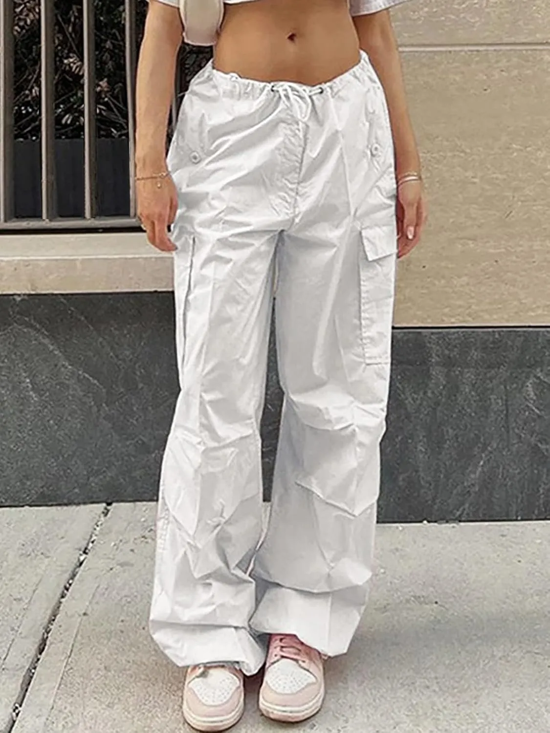 Xineicy Parachute Pants for Women Drawstring Baggy Cargo Pants Y2K Trouser Low Rised Jogger Sweatpants