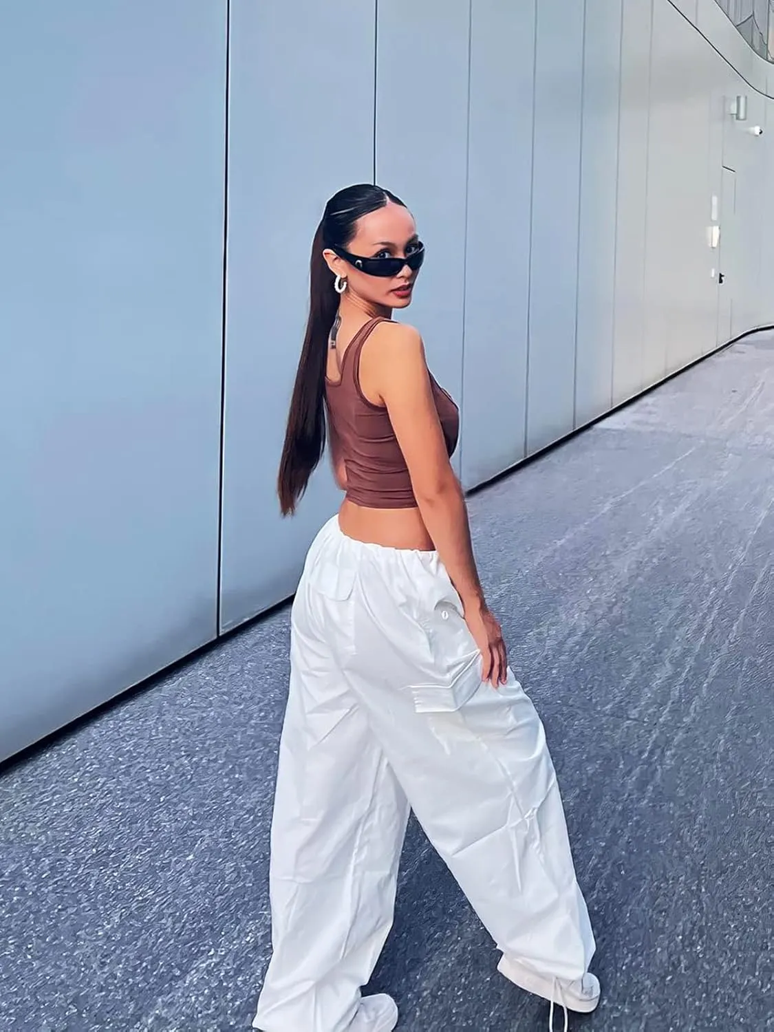 Xineicy Parachute Pants for Women Drawstring Baggy Cargo Pants Y2K Trouser Low Rised Jogger Sweatpants