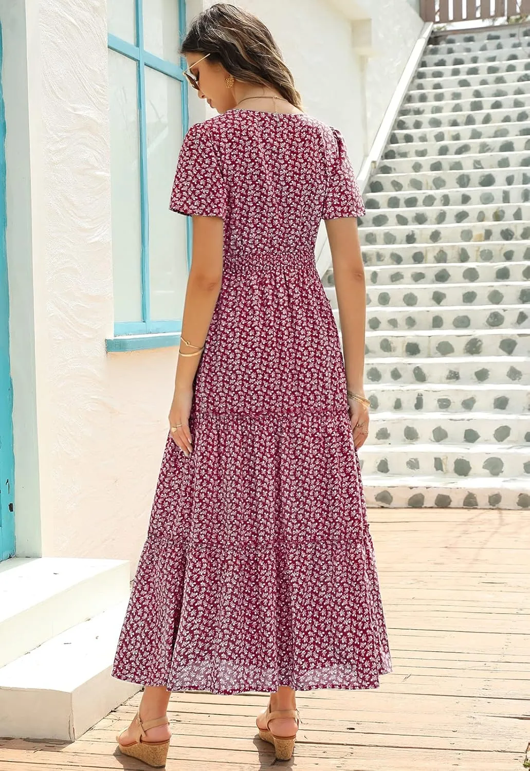 Zattcas Womens 2025 Long Summer Dress Short Flutter Sleeve V Neck Casual Smocked Tiered Modest Floral Boho Maxi Dress
