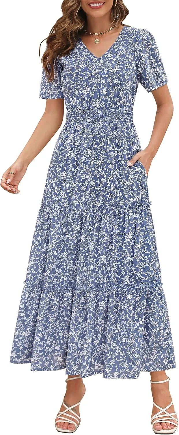 Zattcas Womens 2025 Long Summer Dress Short Flutter Sleeve V Neck Casual Smocked Tiered Modest Floral Boho Maxi Dress