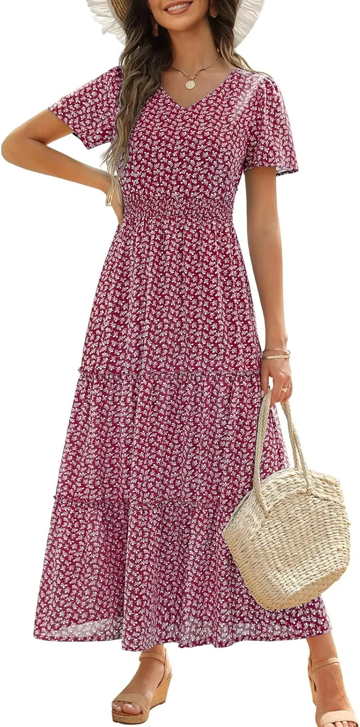 Zattcas Womens 2025 Long Summer Dress Short Flutter Sleeve V Neck Casual Smocked Tiered Modest Floral Boho Maxi Dress