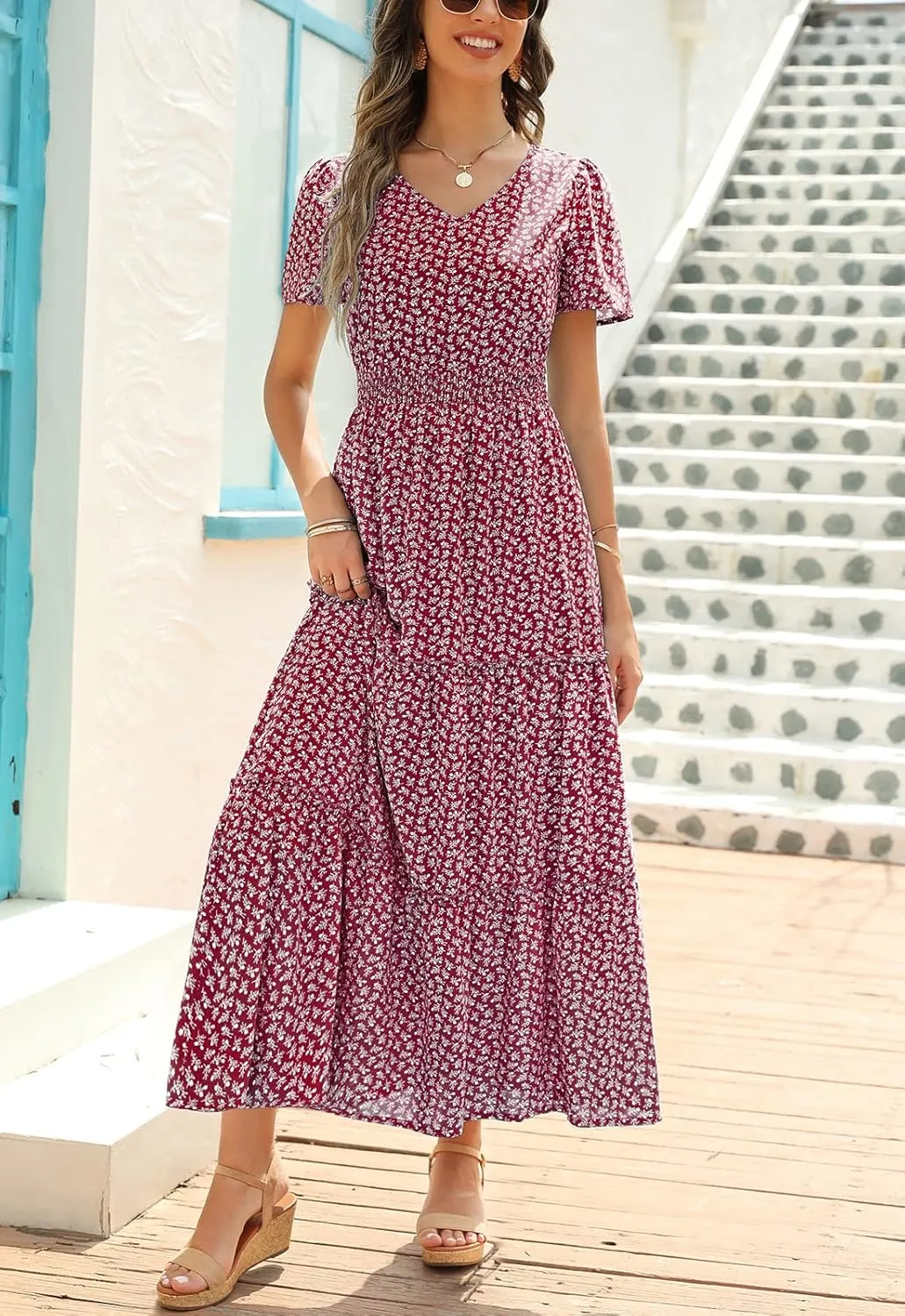 Zattcas Womens 2025 Long Summer Dress Short Flutter Sleeve V Neck Casual Smocked Tiered Modest Floral Boho Maxi Dress