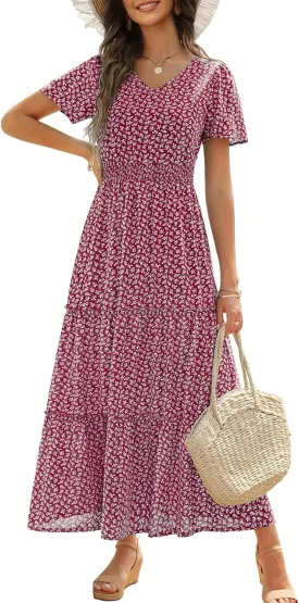 Zattcas Womens 2025 Long Summer Dress Short Flutter Sleeve V Neck Casual Smocked Tiered Modest Floral Boho Maxi Dress