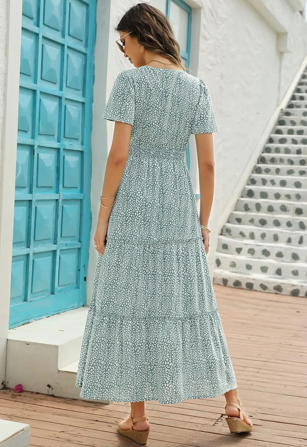 Zattcas Womens 2025 Long Summer Dress Short Flutter Sleeve V Neck Casual Smocked Tiered Modest Floral Boho Maxi Dress
