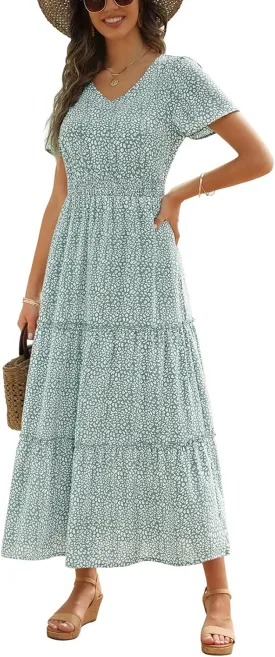 Zattcas Womens 2025 Long Summer Dress Short Flutter Sleeve V Neck Casual Smocked Tiered Modest Floral Boho Maxi Dress