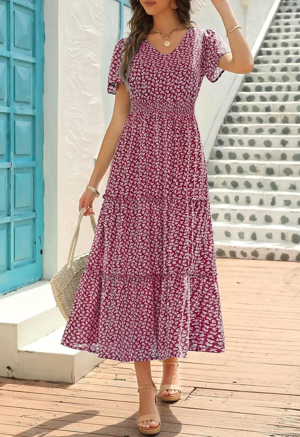 Zattcas Womens 2025 Long Summer Dress Short Flutter Sleeve V Neck Casual Smocked Tiered Modest Floral Boho Maxi Dress