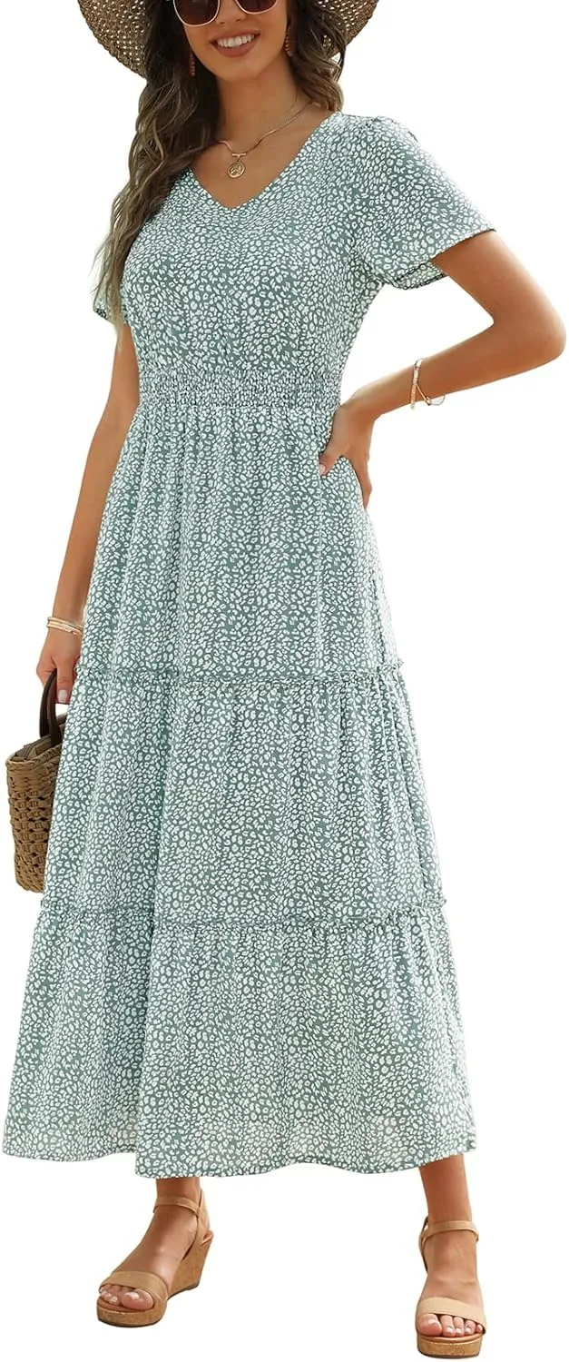 Zattcas Womens 2025 Long Summer Dress Short Flutter Sleeve V Neck Casual Smocked Tiered Modest Floral Boho Maxi Dress