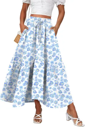 Zeagoo Long Skirts for Women High Waist A Line Skirt Casual Flowy Tiered Skirt with Pockets Summer Floral Boho Skirt