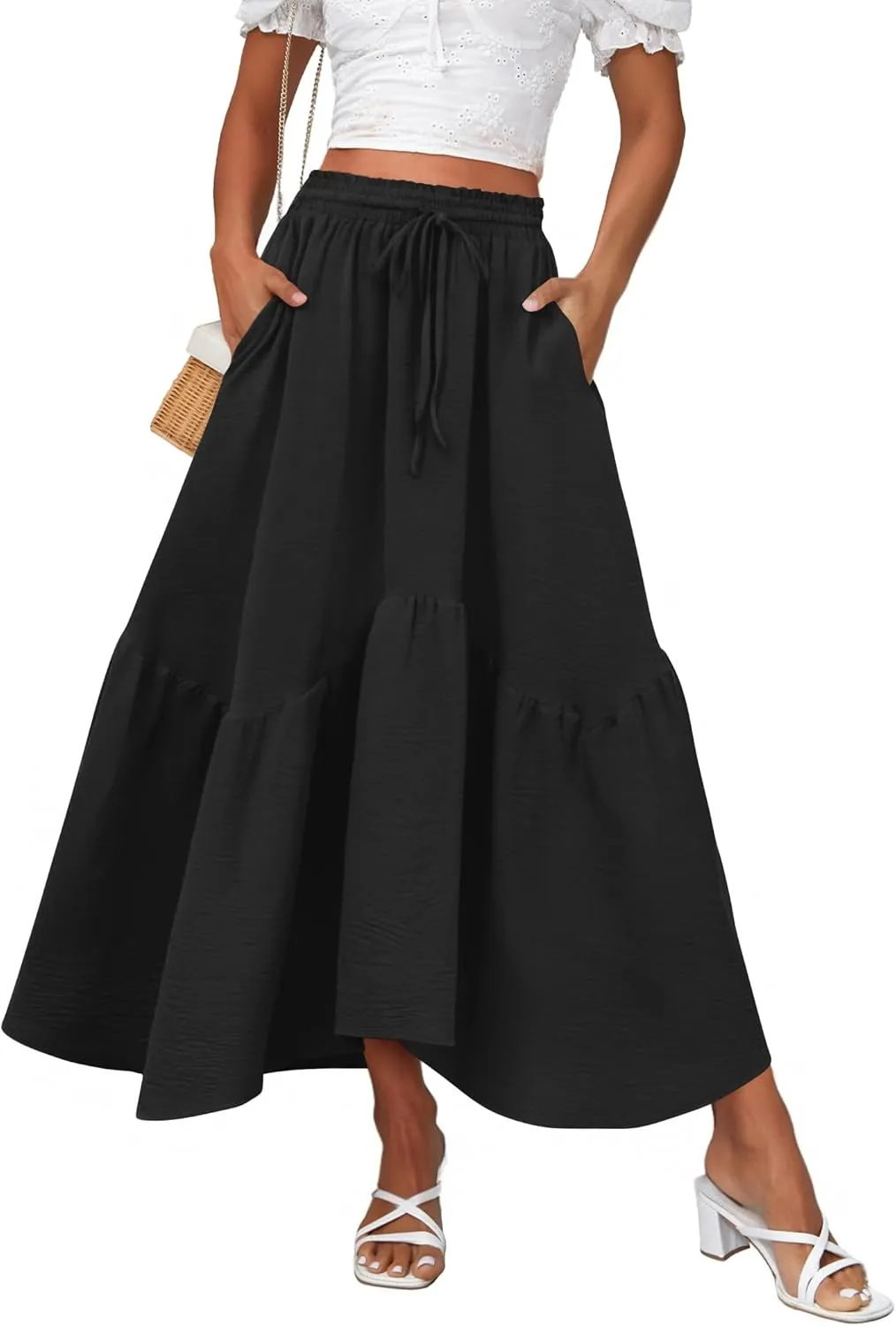 Zeagoo Long Skirts for Women High Waist A Line Skirt Casual Flowy Tiered Skirt with Pockets Summer Floral Boho Skirt