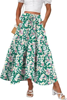 Zeagoo Long Skirts for Women High Waist A Line Skirt Casual Flowy Tiered Skirt with Pockets Summer Floral Boho Skirt