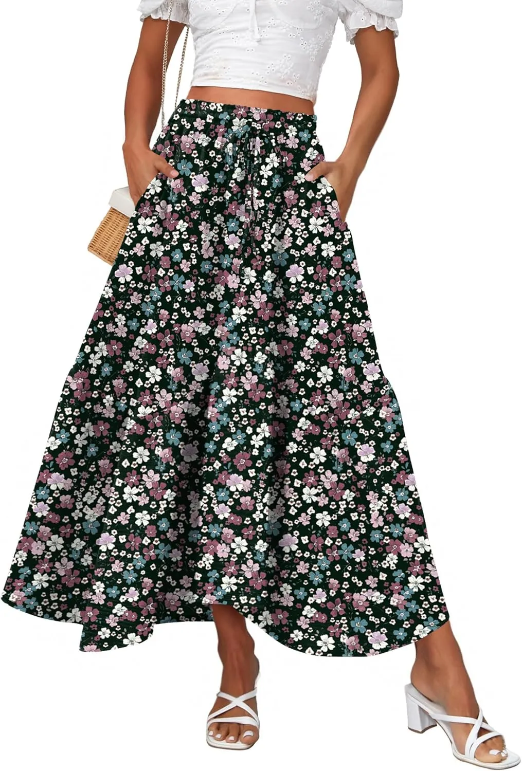Zeagoo Long Skirts for Women High Waist A Line Skirt Casual Flowy Tiered Skirt with Pockets Summer Floral Boho Skirt