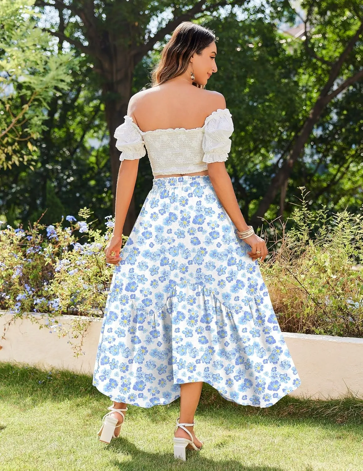 Zeagoo Long Skirts for Women High Waist A Line Skirt Casual Flowy Tiered Skirt with Pockets Summer Floral Boho Skirt