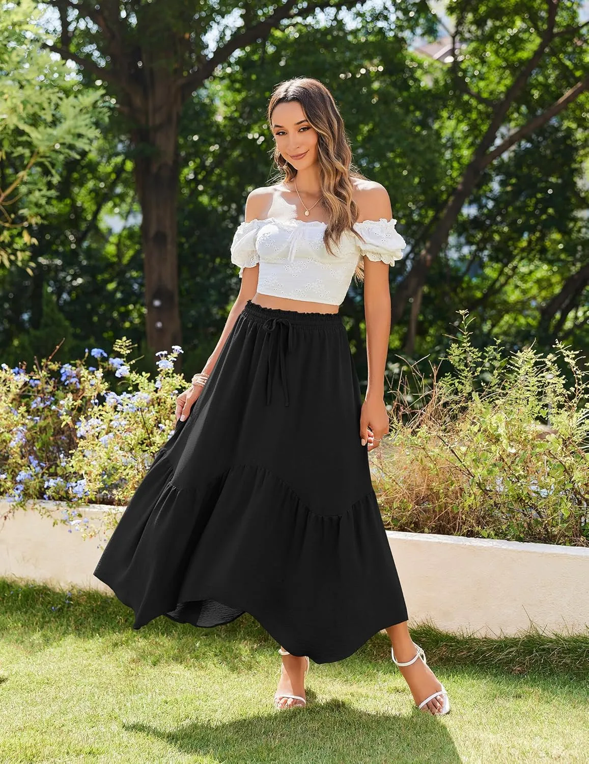 Zeagoo Long Skirts for Women High Waist A Line Skirt Casual Flowy Tiered Skirt with Pockets Summer Floral Boho Skirt