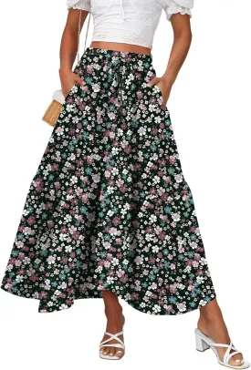 Zeagoo Long Skirts for Women High Waist A Line Skirt Casual Flowy Tiered Skirt with Pockets Summer Floral Boho Skirt