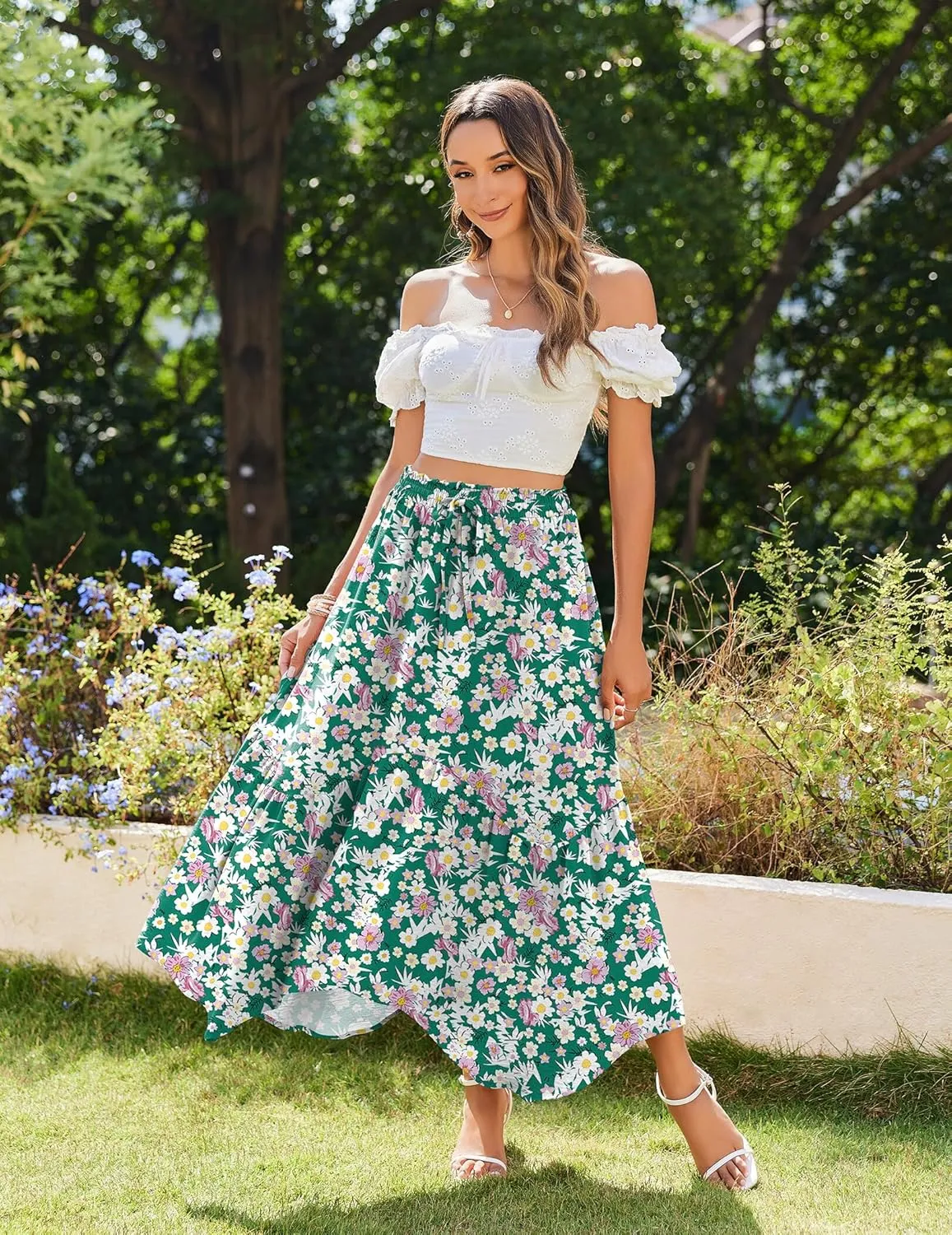 Zeagoo Long Skirts for Women High Waist A Line Skirt Casual Flowy Tiered Skirt with Pockets Summer Floral Boho Skirt