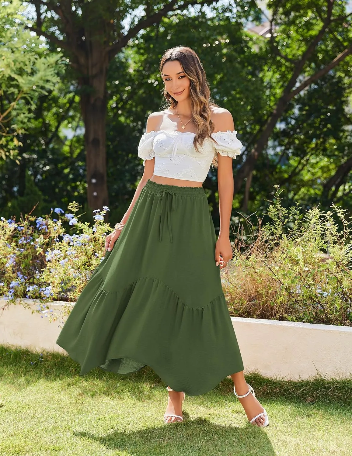 Zeagoo Long Skirts for Women High Waist A Line Skirt Casual Flowy Tiered Skirt with Pockets Summer Floral Boho Skirt