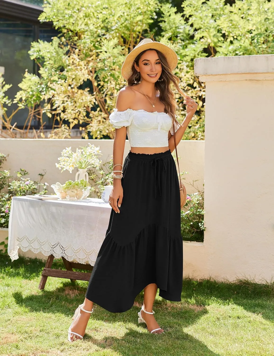 Zeagoo Long Skirts for Women High Waist A Line Skirt Casual Flowy Tiered Skirt with Pockets Summer Floral Boho Skirt