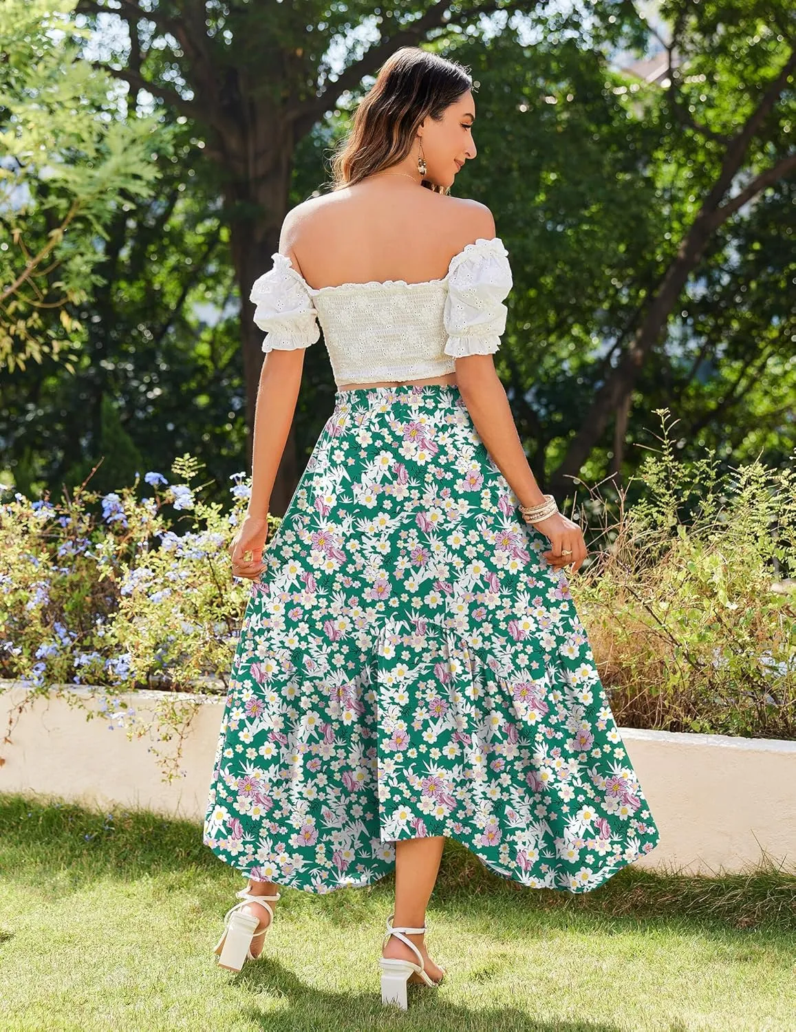 Zeagoo Long Skirts for Women High Waist A Line Skirt Casual Flowy Tiered Skirt with Pockets Summer Floral Boho Skirt