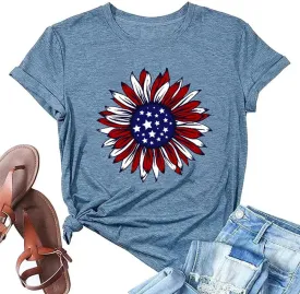 ZWSYXL American Flag Sunflower Shirts Women 4th of July Graphic Tees Patriotic T-Shirts USA Flag Star Stripe Tops